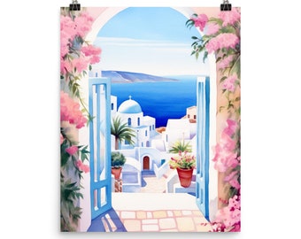 Santorini Watercolor Print, Oia Greece Coastal Wall Art, Aegean Sea Poster, Whitewashed Village Decor, Europe Travel Gift, Mediterranean Art
