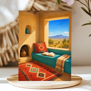 May include: A print featuring a desert interior with a turquoise bench, an open book, a red patterned pillow, and a matching rug. A small teal vase sits in a wall niche, a brown pot in an arched alcove, and a striped throw blanket rests on the bench.
