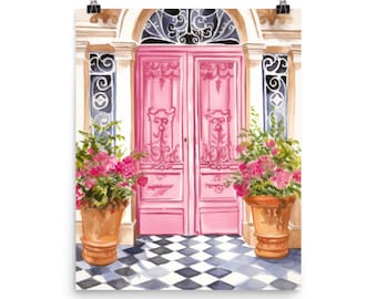 Paris Flower Market Watercolor Print | Paris Travel Gift | Pink Door Art | Florist Art | French Decor | France Poster | Colorful Door Art