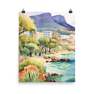 Cape Town Watercolor Print | Table Mountain Decor | South African Wall Art | South Africa Landscape | Coastal Cityscape | Seaside Poster