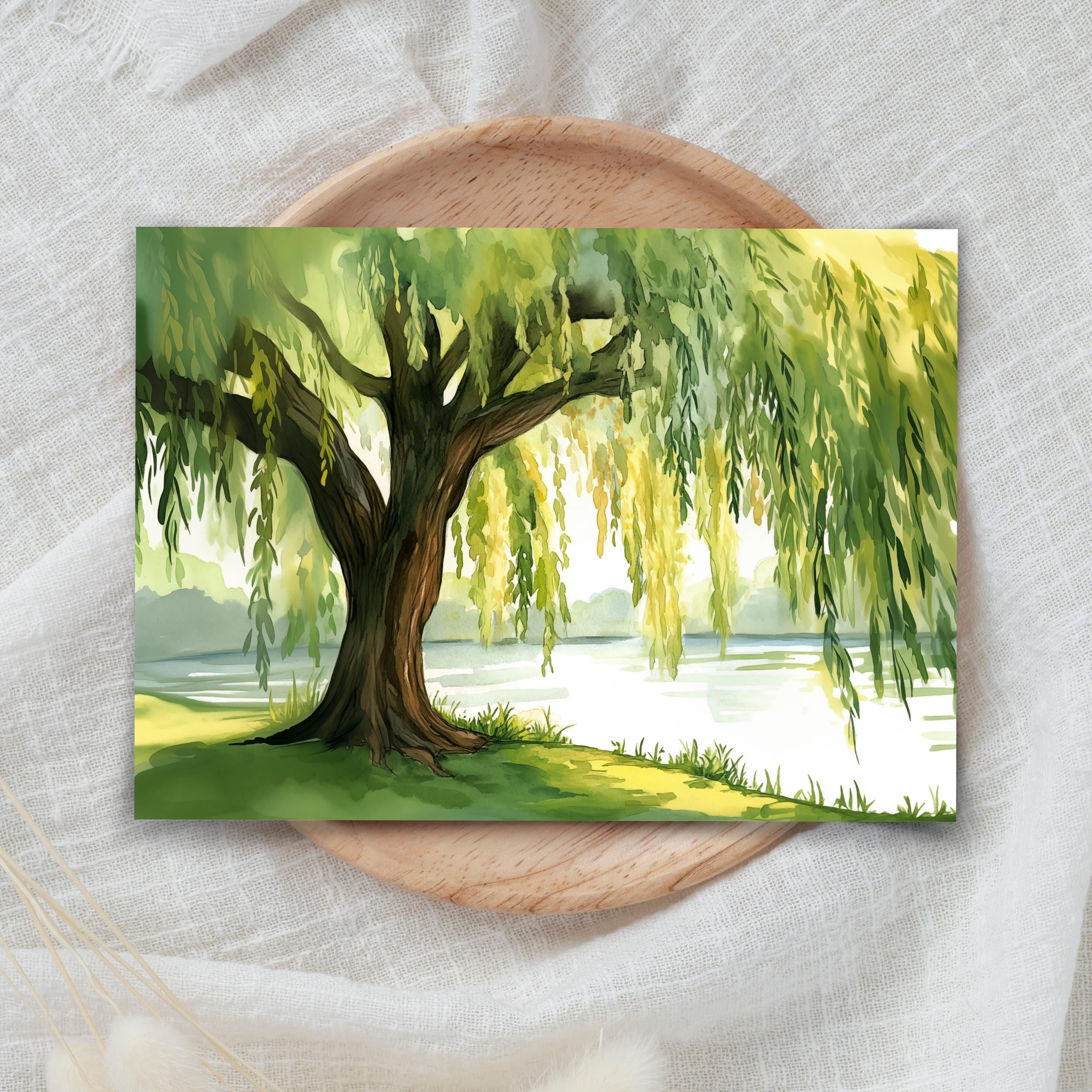 Willow Tree Watercolor Print, Serene Lakeside Landscape Art