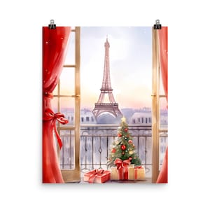 Christmas in Paris Watercolor Print | France Travel Gift | Christmas Wall Art | French Decor | Holiday Season Art | Eiffel Tower Poster