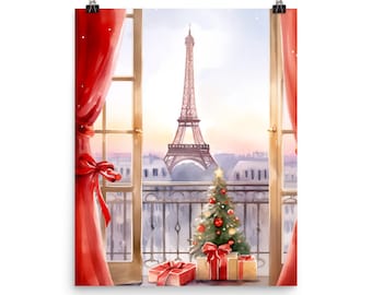 Christmas in Paris Watercolor Print, Eiffel Tower Holiday Wall Art, European City Winter Decor, France Travel Gift, Festive Seasonal Artwork