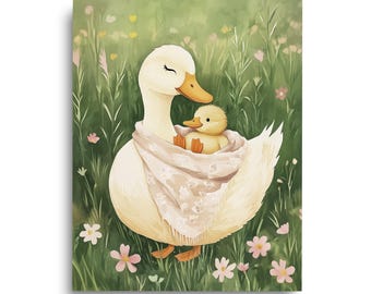Vintage Mother Duck Watercolor Print, Farmhouse Nursery Wall Art, Duckling Kids Room Decor
