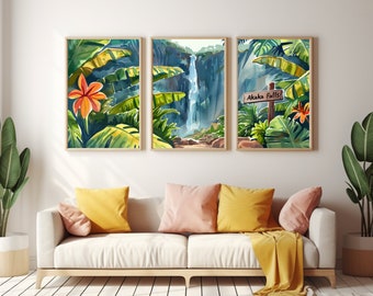 Akaka Falls Watercolor Print | Set of 3 | Hawaii Travel Gift | Hawaiian Wall Art | Tropical Landscape Decor | Waterfall | Big Island | Hilo