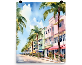 May include: A watercolor painting of a street lined with pastel-colored buildings and palm trees. The buildings have awnings and windows, and the street is empty.