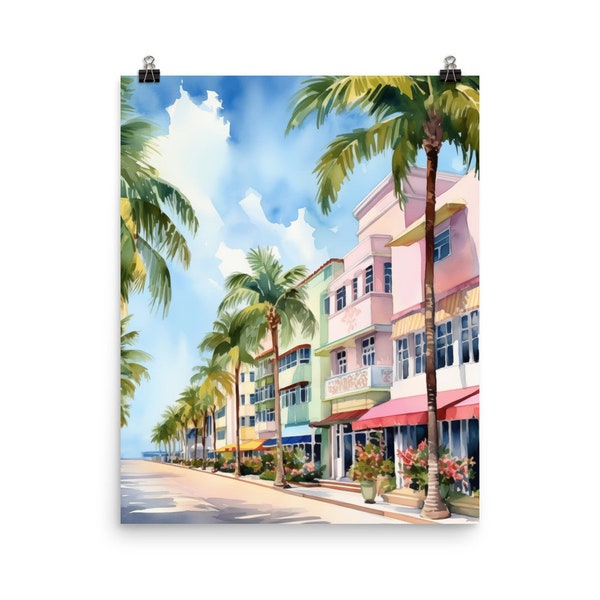 Ocean Drive Watercolor Print | Florida Travel Gift | Miami Wall Art | Floridian Poster | South Beach Art | Colorful Cityscape | Streetscape