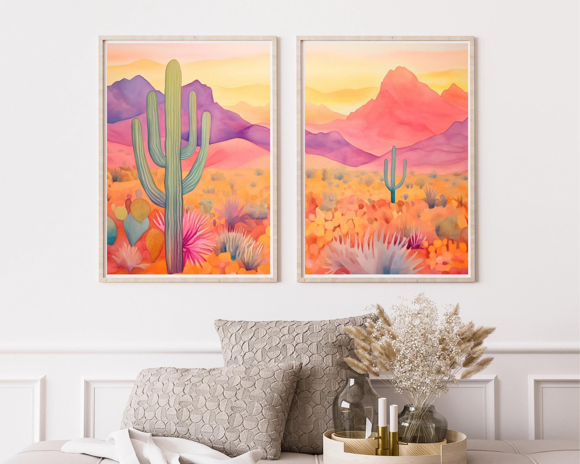 Pink Desert Watercolor Print Set, Cactus Mountain Southwest Wall Art - Etsy