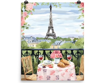 Eiffel Tower Watercolor Print Parisian Balcony Wall Art, French Cityscape Decor, European Travel Poster, Romantic Paris Home Artwork