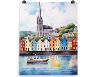 Cobh Watercolor Print | Ireland Gift | Irish Home Decor | Coastal Cityscape | Colorful Houses Poster | Seaside | Waterfront | Irish Harbor