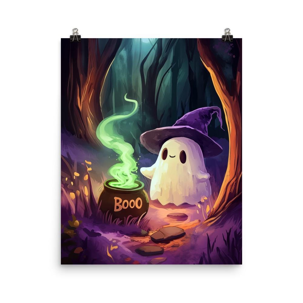 Cute Ghost Brewing a Potion Watercolor Print | Halloween Wall Art | Ghost Boo Poster | Magical Forest Decor | Spooky Artwork Gift | Cauldron