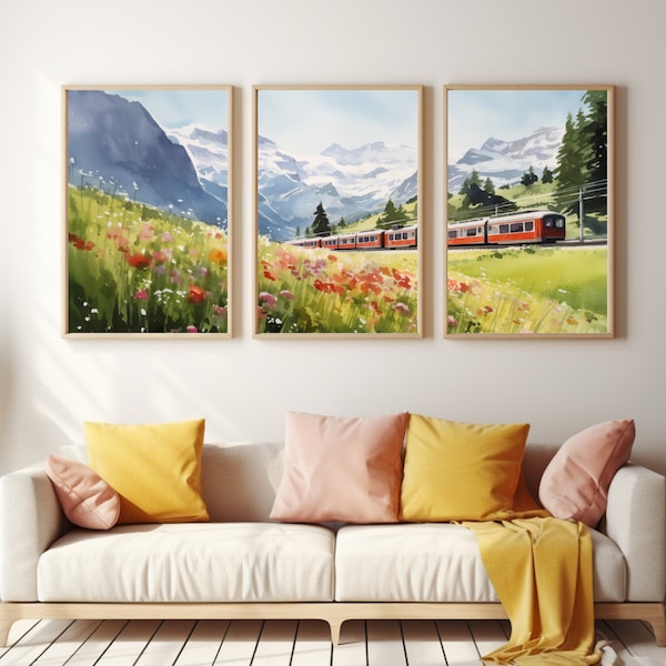 Interlaken Watercolor Print | Set of 3 | Switzerland Gift | Swiss Wall Art | Jungfraujoch | Mountain Landscape | Train Poster | Alpine Decor