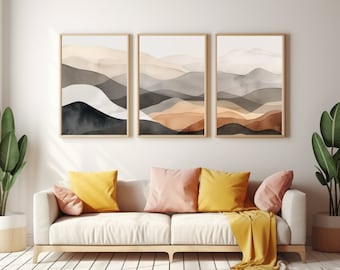 Abstract Mountain Set of 3 Watercolor Prints, Nature Wall Art, Triptych Print Set