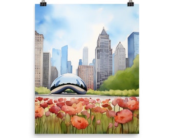 Peut inclure: Une peinture à l'aquarelle de la sculpture Cloud Gate à Chicago, Illinois. La sculpture est une grande structure en forme de haricot, brillante et en acier inoxydable. La sculpture est entourée d'un champ de coquelicots rouges et d'un paysage urbain en arrière-plan.
