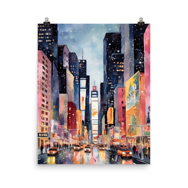 Times Square Snow Watercolor Print | NYC Travel Gift | New York City Wall Art | Manhattan Home Decor | Snowscape | Winter Wonderland Art