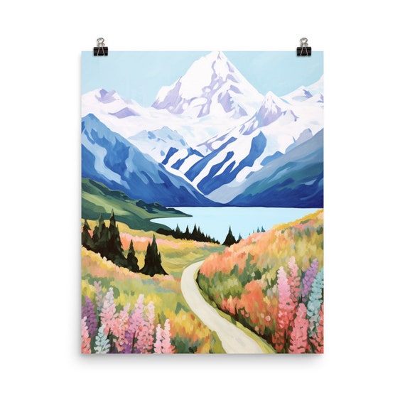 Aoraki Mount Cook Watercolor Print, New Zealand Mountain Landscape
