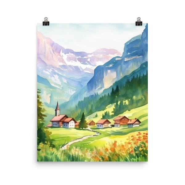 Switzerland Watercolor Print | Swiss Alps | Alpine Landscape | Europe Wall Art | European Landscape Portrait | Mountain Home Decor | Gift |