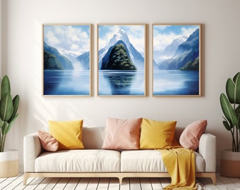 Milford Sound Set of 3 Watercolor Prints, Coastal Travel Wall Art, Triptych Print Set