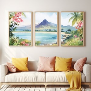 Kailua Oahu | Hawaii Wall Art Print | Coastal Watercolor Beach Painting | Travel Poster Lahaina| Beach and Mountain | Seascapes Wall Decor |