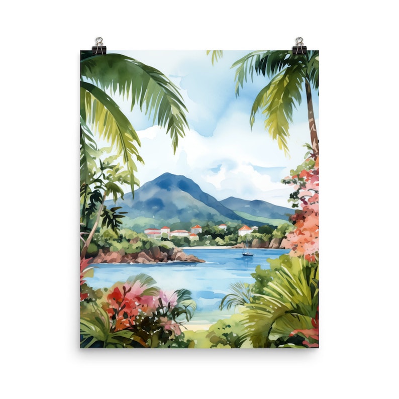 St. Barts Watercolor Print | Caribbean Wall Art | Tropical Island Home Decor | Seaside Poster | Coastal Landscape | Caribbean Poster Gift