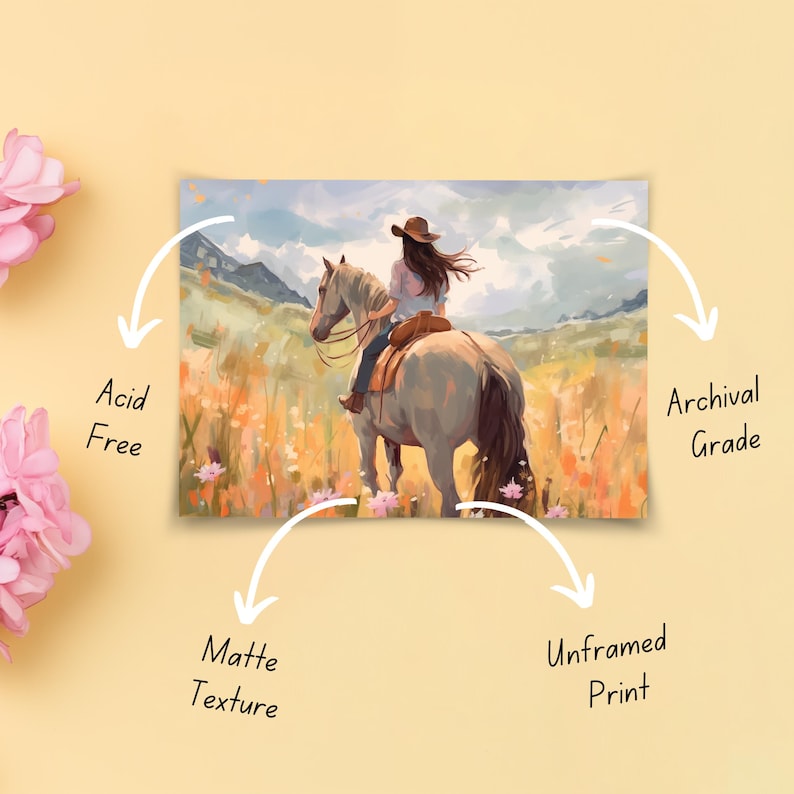 May include: An unframed print showing a watercolour painting of a person riding a horse through a field of wildflowers. The artwork has a matte texture and is acid-free and archival grade.