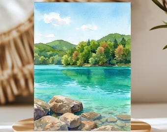 Lake Tenno Trentino Italy Watercolor Wall Art, Print or Canvas