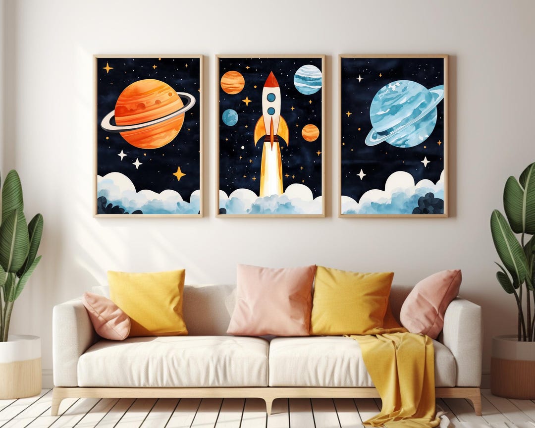 Rocketship Nursery Print Set: Watercolor Galaxy Kids Room Decor - Etsy