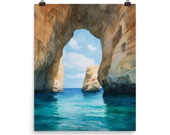 Milos Sea Arch Watercolor Print, Aegean Coastal Art, Greece Wall Decor, Cyclades Seascape Poster, Mediterranean Travel Artwork, Hellas