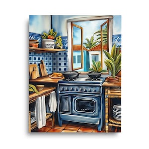 May include: A blue and white tiled kitchen with a window overlooking a tropical scene. The kitchen features a blue stove with two pots on the stovetop, a wooden countertop, and a shelf with a can labeled "Dominican Republic".