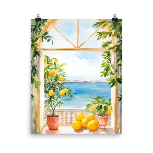 Sicily Lemon Tree Watercolor Print | Sicilian Wall Art | Mediterranean Sea Travel Gift | Cute Lemons Poster | Beach Window | Turquoise Water