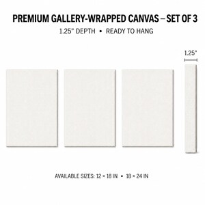 May include: A set of three blank white gallery-wrapped canvases with a 3.175 cm depth. The text reads: PREMIUM GALLERY-WRAPPED CANVAS &ndash; SET OF 3, 1.25" DEPTH &bull; READY TO HANG, and AVAILABLE SIZES: 12 &times; 18 IN &bull; 18 &times; 24 IN. A side view shows the depth.