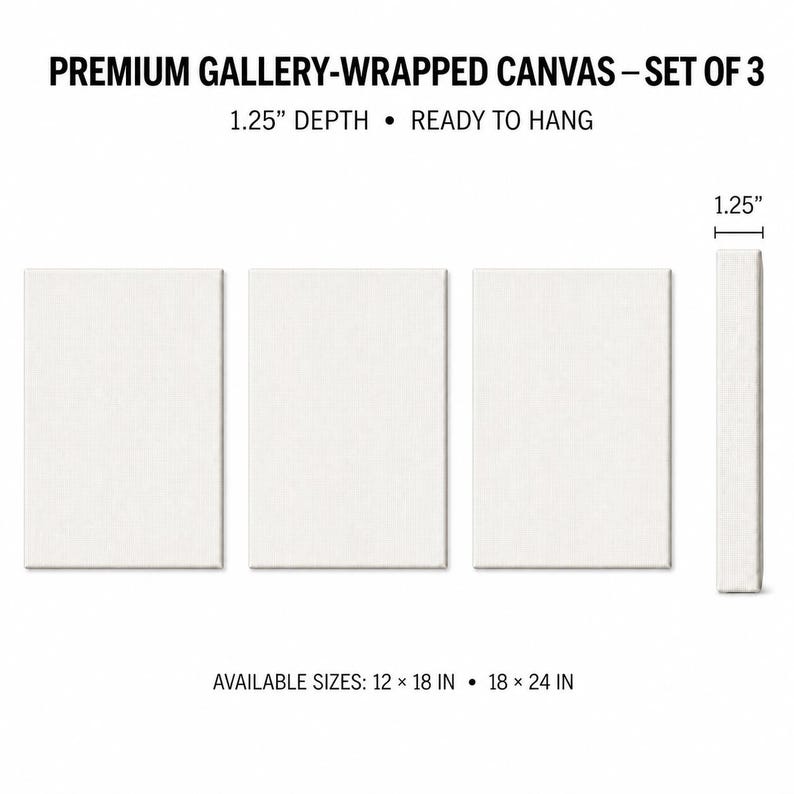 May include: A set of three blank white gallery-wrapped canvases with a 3.175 cm depth. The text reads: PREMIUM GALLERY-WRAPPED CANVAS &ndash; SET OF 3, 1.25" DEPTH &bull; READY TO HANG, and AVAILABLE SIZES: 12 &times; 18 IN &bull; 18 &times; 24 IN. A side view shows the depth.