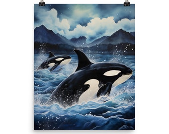 Orca Watercolor Print, Norway Whale Art, Northern Lights Aurora Borealis Poster, Arctic Ocean Decor, Europe Travel Gift, Marine Life, Nature