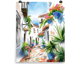 Cordoba Spain Canvas Print, Whitewashed Lane and Blue Flowerpots