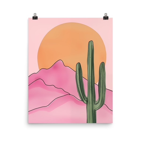 Retro Pink Desert Watercolor Print | Saguaro Cactus Wall Art | Cacti Home Decor | Desert Landscape | Southwest Art | Abstract Sunset Poster