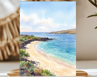 Hulopoe Bay Lanai Hawaii Watercolor Wall Art, Print or Canvas