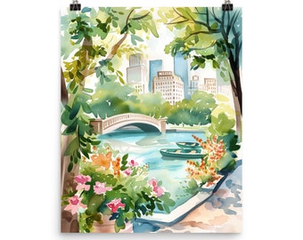 May include: A watercolor print featuring a park scene with a stone bridge over a blue pond, two small boats, and lush green trees. In the foreground, vibrant pink and orange flowers bloom, while city buildings are visible in the background.