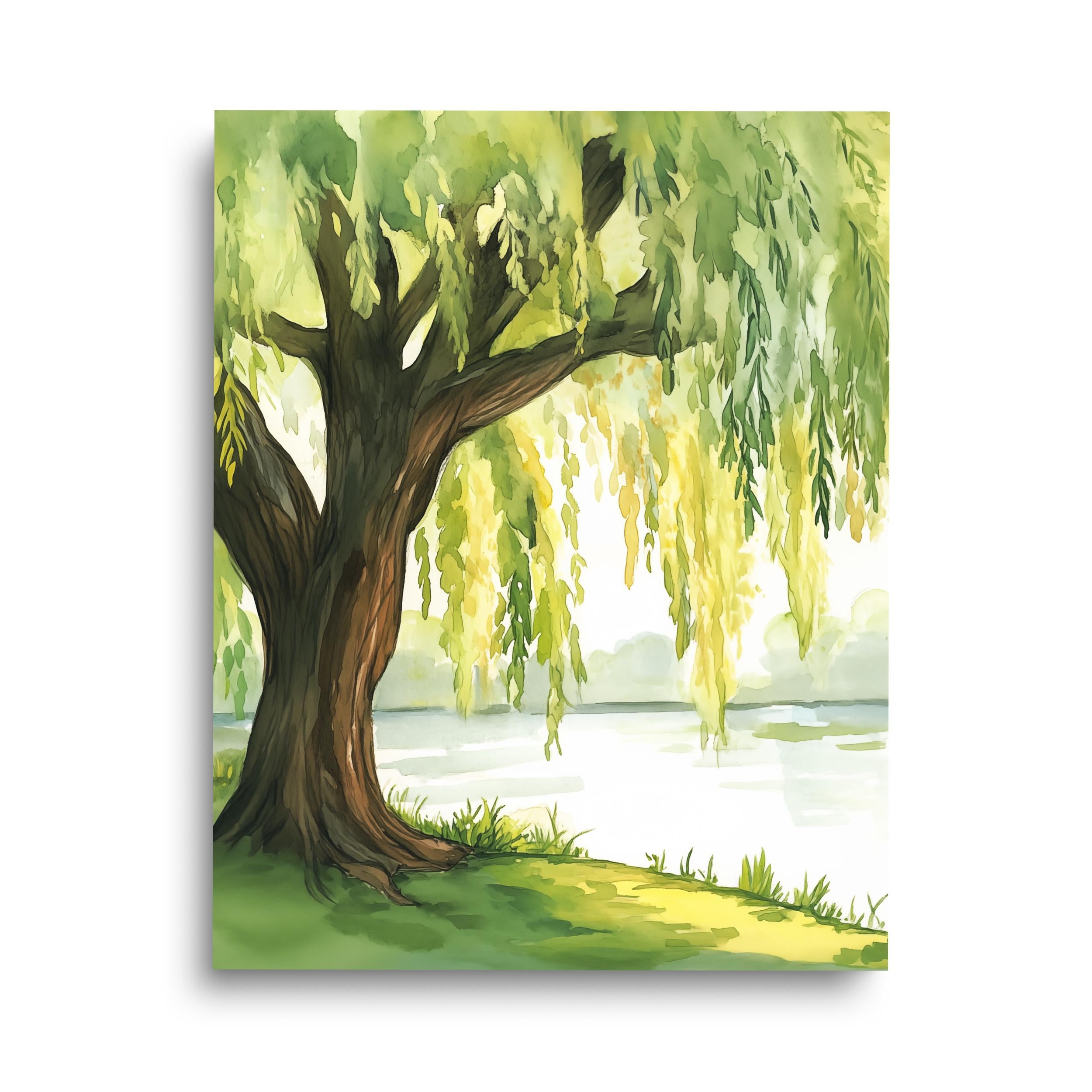 Willow Tree Watercolor Print, Serene Lakeside Landscape Art