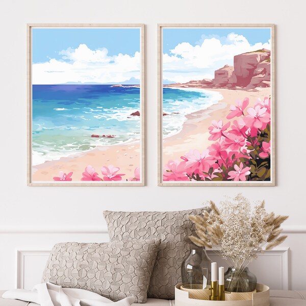 Elafonissi Beach Watercolor Print | Set of 2 | Crete | Greece Travel Gift | Coastal Landscape Poster | Pink Sand Beach | Greek Island Art