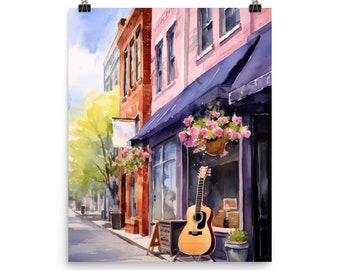 May include: A watercolor painting of a street scene with a guitar leaning against a building. The building has a blue awning and pink walls. There are flowers hanging in baskets in front of the building. The street is empty and the sky is blue.