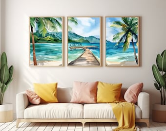 Roatan Watercolor Print Set of 3, Tropical Honduras Island Wall Art, Caribbean Coast Poster, Central America Decor, Seaside Nature Art