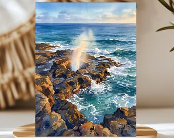 Halona Blowhole Oahu Hawaii Watercolor Wall Art, Print or Canvas