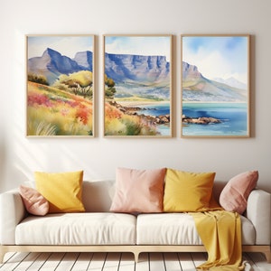 Cape Town Watercolor Print | Set of 3 | South Africa Gift | Table Mountain | Coastal Cityscape | South African Landscape | Seaside Poster