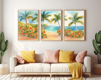 Saona Island Watercolor Print Set of 3, Dominican Republic Tropical Beach Wall Art, Palm Tree Decor, Caribbean Travel Poster, Seaside Art