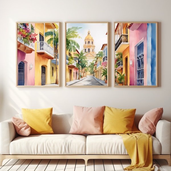 Cartagena Watercolor Print | Set of 3 | Colombia Travel Gift | South America Poster | Colorful Houses Art | Colombian Cityscape | Street Art