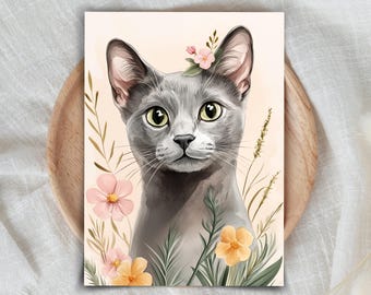 Russian Blue Cat Watercolor Print, Floral Kitty Wall Art, Cute