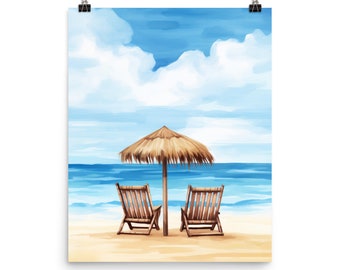 Cancun Beach Mexico Watercolor Print or Canvas, Caribbean Seascape Wall Art