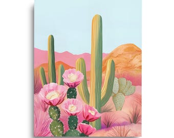 Pink Cactus Flower Watercolor Print, Desert Landscape Wall Art, Southwest Nature Poster, Arizona Sunset Decor, Boho Travel Gift Art