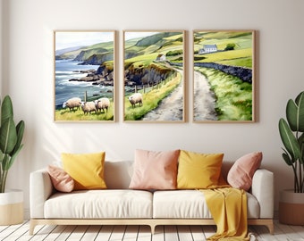 Achill Island Ireland Watercolor Print Set of 3, Coastal Wall Art, Irish Countryside Decor, Europe Travel Poster, Atlantic Landscape Artwork