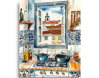 Portuguese Kitchen Print or Canvas, Blue Tile Stove and Lisbon Rooftop View